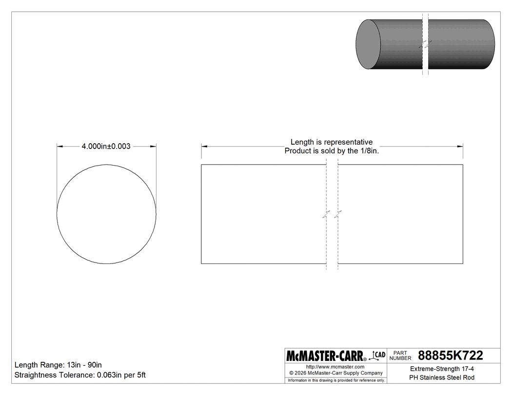 Technical Drawing of Extreme-Strength 17-4 PH Stainless Steel Rod, 4" Diameter.